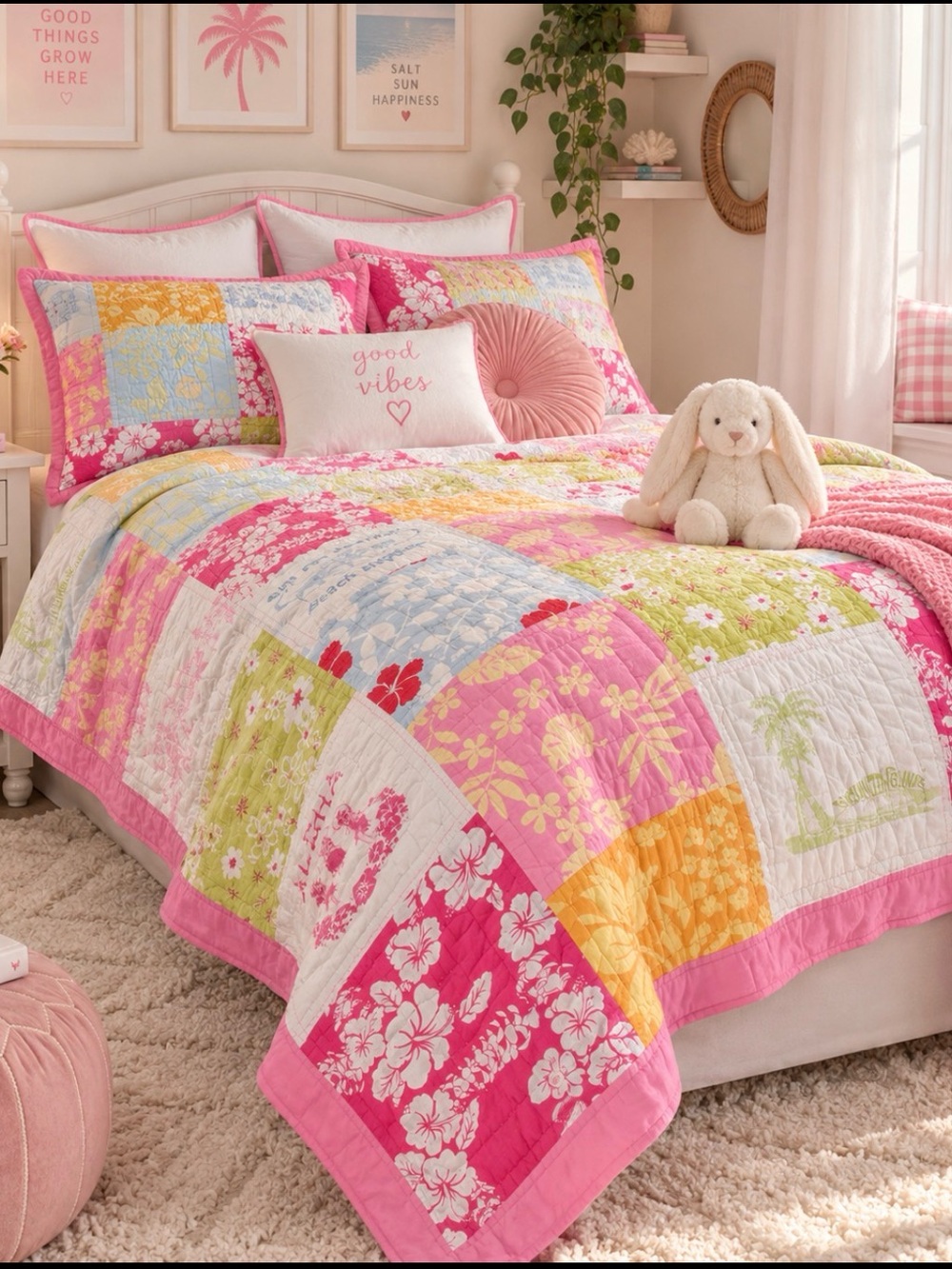 🔥POTTERY BARN Kids Patchwork QUILT PiNK Surf Island Aloha Surfer PriceFirm!